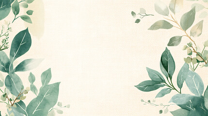 Aufkleber - A soft, watercolor-style illustration of green leaves and flowers on the right side bordering an empty beige linen background with subtle texture details