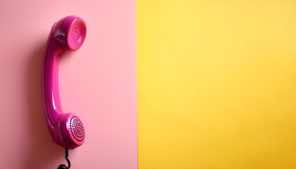 Magenta telephone handset, isolated on a Yellow and Pink Pastel Background