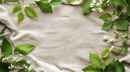 Aufkleber - A soft linen background with green leaves and flowers in the right hand corner