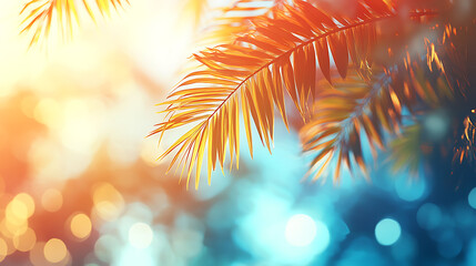 Poster - A vibrant holographic image of palm trees swaying in the breeze, with a backdrop of a sunny sky and colorful clouds
