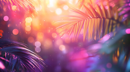 Poster - A vibrant holographic image of palm trees swaying in the breeze, with a backdrop of a sunny sky and colorful clouds