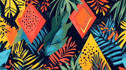 Poster - Blue and white pattern with red triangles, stripes and dots in a geometric style