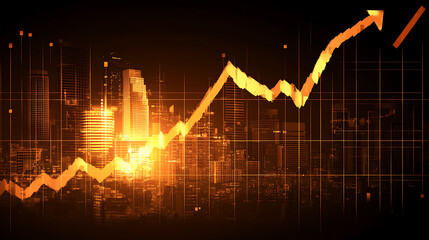 Aufkleber - An upward arrow and stock market graph with a city background, symbolizing business growth or financial success