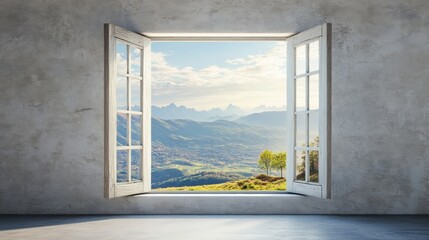 Aufkleber - Light floods through a wide-open window, framing a tranquil view of distant mountains and vibrant nature under a bright sky. Generative AI