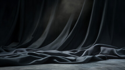 Poster - Black background with a gray table in the foreground, illuminated by soft light from above texture of fabric and a soft glow that adds depth to the composition