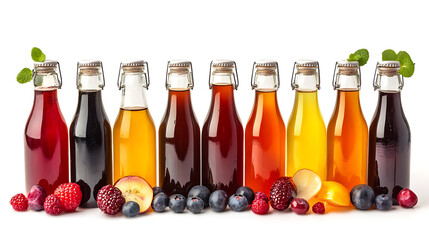 Poster - Bottled kombucha tea, Set of glass bottles with filtered kombucha drinks made of yeast, sugar and tea with addition of fruits and berries for different tastes