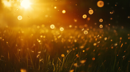 Aufkleber - Dandelion seeds blowing in the wind on green grass meadow with sun light background, spring or summer nature concept