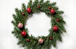 © Vadym - Pine tree wreath with red and white Christmas ornaments. Top view of round chaplet isolated on white background. Festive winter decoration for holiday season.