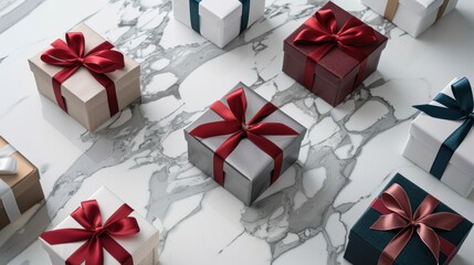 Wall Mural - Luxurious Gift Boxes Displayed on Marble Countertop for High-End Product Presentation