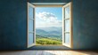 © Anat art - An open window frames a stunning view of hills and clouds, inviting a sense of tranquility and connection to nature. Generative AI