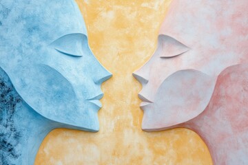 Fototapete - This artwork features the silhouettes of two abstract faces in soft pastel colors, reflecting themes of connection and understanding. Generative AI