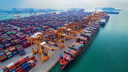Aufkleber - AI technology enhances global logistics for international delivery, using a world map to manage supply chains and container ship networks for export-import processes