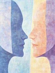 Fototapete - Two abstract silhouettes in soft pastel shades symbolize the vital themes of understanding and connection between individuals. Generative AI