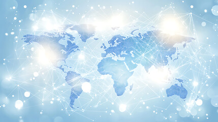 Poster - A blue background with a digital world map and global network, a technology illustration, light white and sky blue technological elements, light gray
