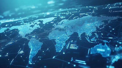 Poster - A blue background with a digital world map and global network, a technology illustration, light white and sky blue technological elements, light gray