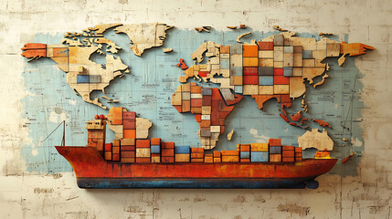 Poster - A cargo ship with containers on the world map, symbolizing global logistics and trade between different countries