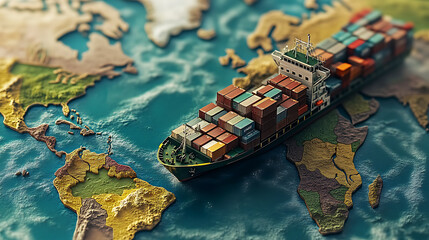 Poster - A cargo ship with containers on the world map, symbolizing global logistics and trade between different countries