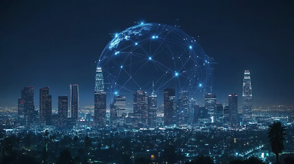 Poster - A digital globe with global network connections and a cityscape background, representing the concept of connectivity in business