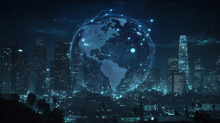 Poster - A digital globe with connecting dots and lines representing global connectivity, against the backdrop of a nighttime cityscape