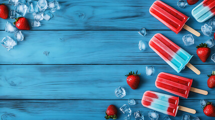 Poster - 4th of July Popsicle banner, red white and blue popsicles on wooden background with ice cubes and strawberries