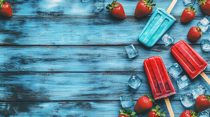 Poster - 4th of July Popsicle banner, red white and blue popsicles on wooden background with ice cubes and strawberries