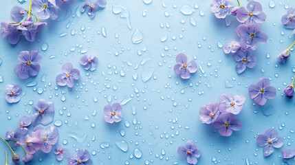 Leinwandbilder - A light blue background with small purple flowers and water droplets, creating an elegant pattern