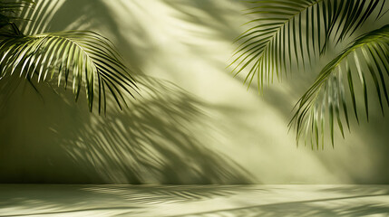 Aufkleber - A minimalist background with an olive green gradient, featuring subtle palm leaf shadows on the wall for product display presentation mockups