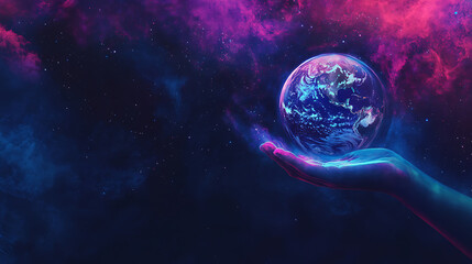 Poster - a hand holding a hologram of the earth over a dark blue and purple background, with a banner contain