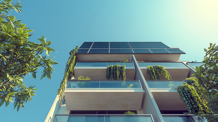 Poster - Modern apartment building with solar panels and green plants on balconies, eco-friendly living concept