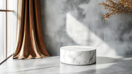 Aufkleber - A realistic vector of a white circular marble ceramic table, placed next to brown and white curtains hanging by a window against a gray wall, designed for product display
