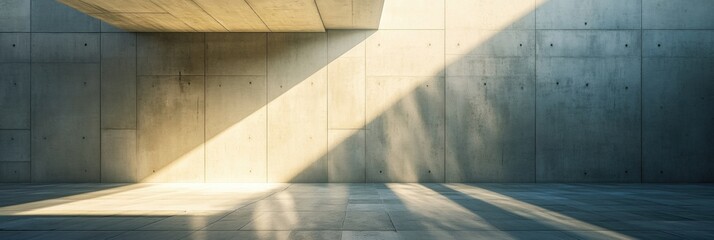 Leinwandbilder - Intricate patterns of light and shadow dance across a minimalist concrete interior, creating a tranquil atmosphere during sunset. Generative AI