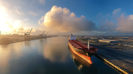 Aufkleber - A panoramic view of an international cargo ship at an industrial port, transporting goods globally and highlighting the logistic business