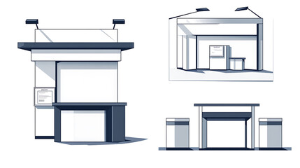 Poster - A set of blank exhibition trade show booths with demonstration tables, illustrated in both front and side views