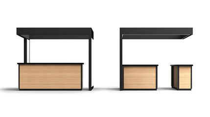 Aufkleber - A set of blank exhibition trade show booths with demonstration tables, illustrated in both front and side views