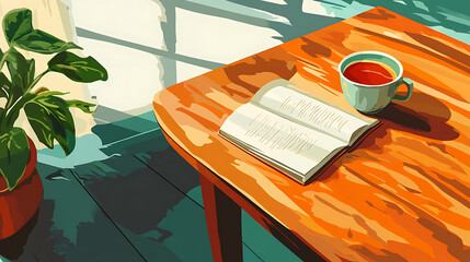 Poster - A vector depicting interior design furniture and decor, including a wooden coffee table with a cup of coffee or hot tea and a book, styled for a living room or bedroom in a flat style