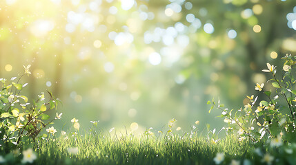 Poster - Abstract blurred spring background with bokeh light effect and green grass in sunlight Blurred nature landscape with sun rays