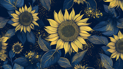 Poster - Abstract sunflowers pattern with line art and gold foil on a navy blue background