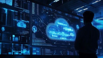 Poster - Big screen displays security breach warning from cloud security hacker attack, Concept Cloud Security