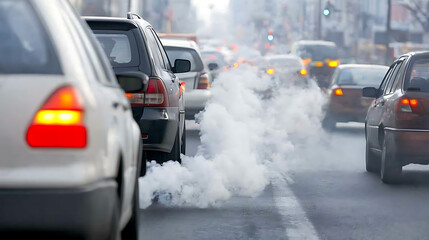 Leinwandbilder - Air pollution from car exhaust smoke in city traffic, focusing on reducing global warming pollution and carbon dioxide from engine combustion