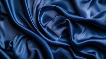 Poster - Beautiful dark blue silk satin background with soft folds on shiny fabric, luxury background with space for design, web banner, flat lay, top view