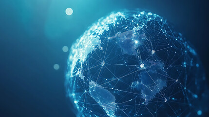 Poster - A blue background with a digital globe and global network connections on the right side, representing an international technology business