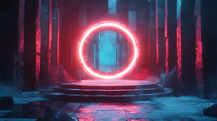 Aufkleber - Circle portal, teleport, and hologram gadget, Features a blank display, stage, or magic portal, and a podium for showcasing products in a futuristic cyberpunk style