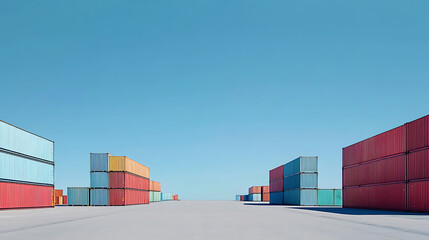 Poster - Container yard with a clear blue sky and ample ground space, focusing on global business logistics for freight carriers and cargo transportation