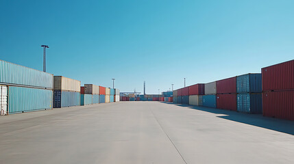 Poster - Container yard with a clear blue sky and ample ground space, focusing on global business logistics for freight carriers and cargo transportation