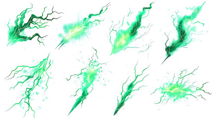 Poster - Green lightnings, electric strikes, thunderbolt discharges isolated on white background, Set of magic sparking, electric impact effects, vector realistic illustration