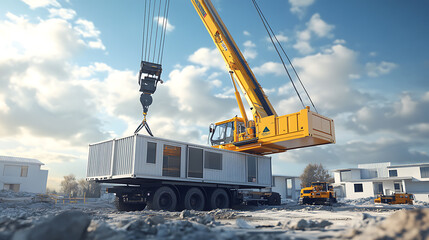 Poster - Crane trucks transporting mobile office buildings or container site offices for installation at construction site areas, aiding in project mobilization