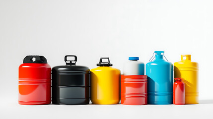 Poster - Different containers with hazardous chemical liquids in a row, including compressed gas and oil safety tanks with dangerous radioactive flammable substances, illustrated on a white background