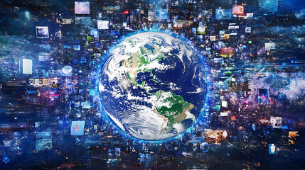 Poster - digital globe with global network connections and images of social media, digital marketing concept 