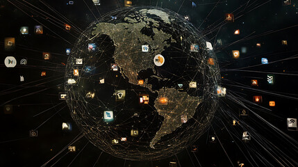 Poster - Digital globe with pictures of global network connections and social media icons on dark background, technology concept banner for online advertising