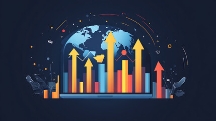 Aufkleber - Digital illustration of global stock market growth, arrows pointing upwards with globe and laptop in the background, representing business success